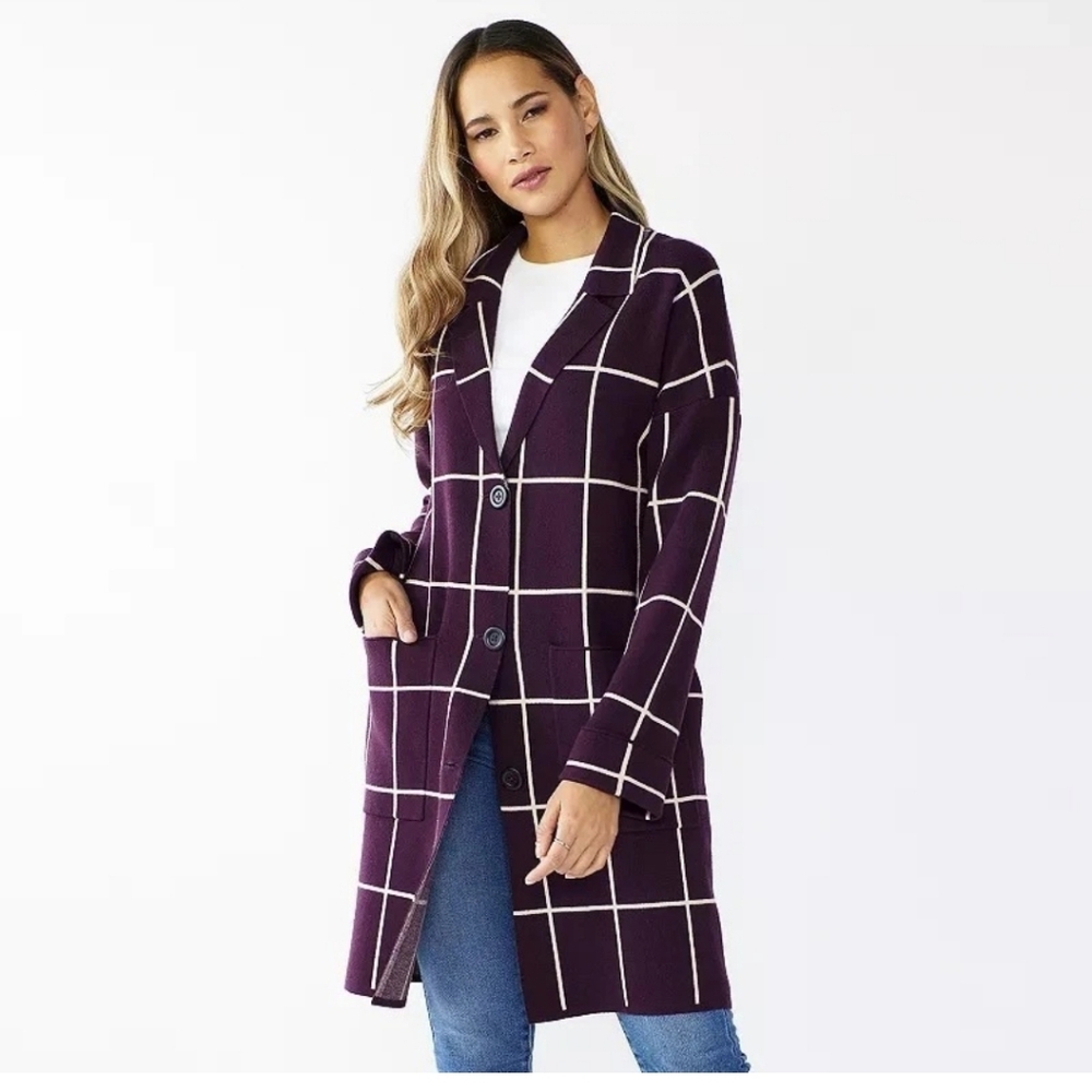 Nine West Sweater Coatigan Wine Window Plaid NWT Size XS Soft Long